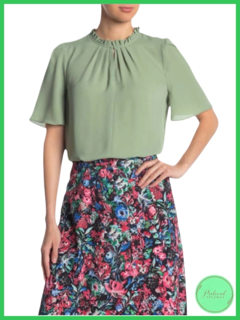 T Tahari Short Sleeve Ruffle Trim Pleat Top